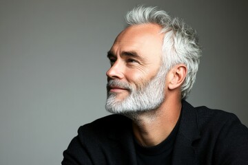 Obraz premium A trendy and poised male showing charm. Pure white solid background. Elegant men's mid fade haircut - midlife white man with white hair. Design idea design of style for aging men.