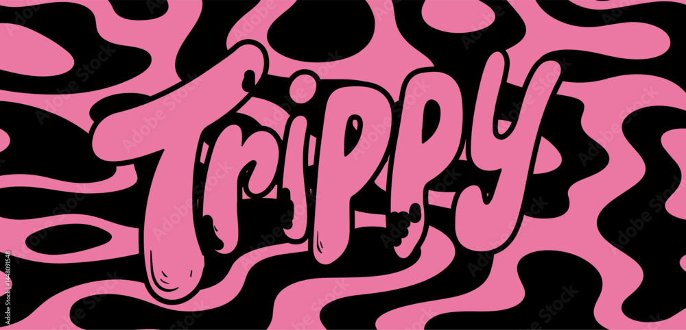 Poster Vector abstract artwork with wavy black lines over a vivid pink background, creating an optical illusion effect. This modern style matches current trending op-art and neo-psychedelic  aesthetics.