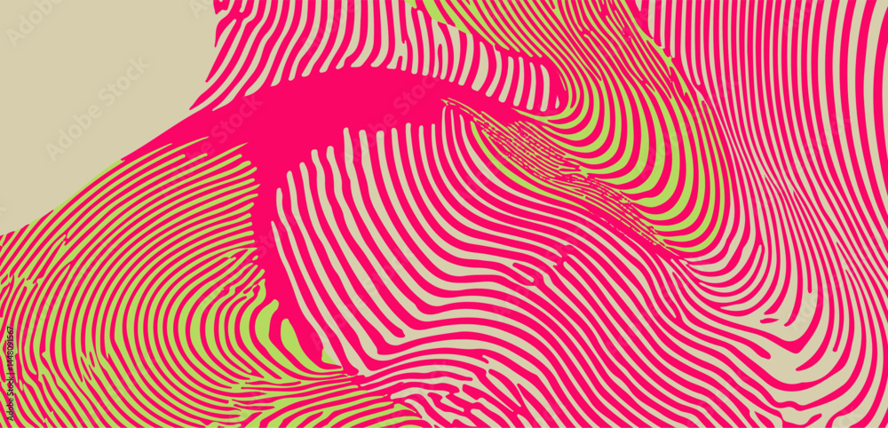 Poster Vector illustration in popular modern Op Art style, featuring dynamic wavy lines and abstract flowing shapes, creating an illusion of depth and movement with high contrast and bold graphic elements.