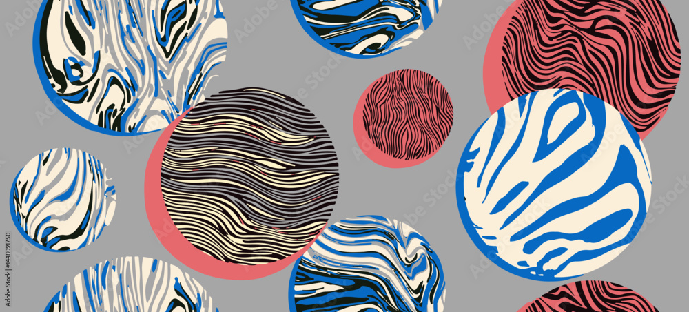 Poster vector seamless pattern with swirling abstract circles in black, beige, and blue on a gray backgroun