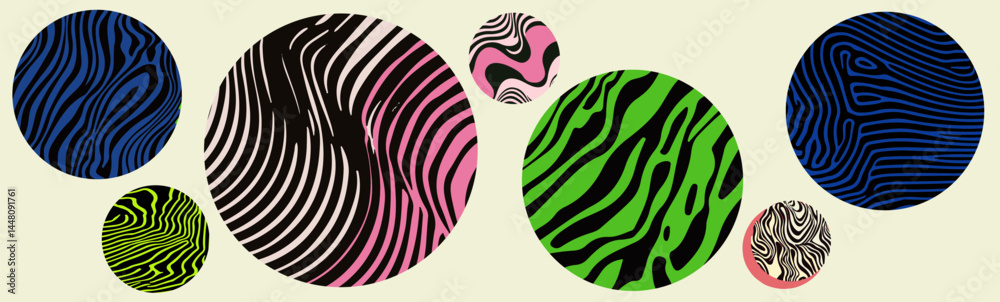 Aufkleber set of vector illustrations featuring abstract circles with wavy, striped and fluid patterns. the de