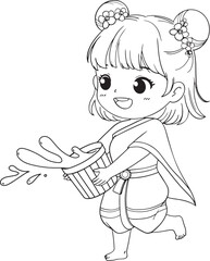 Cute Character playing water bucket in Songkran festival