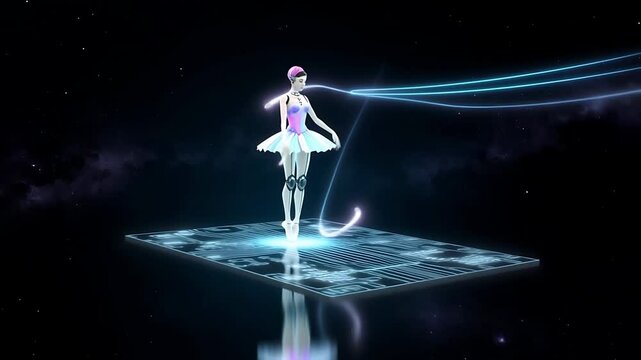 Cyborg ballerina gracefully dances on a luminous circuit platform in space