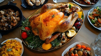 Thanksgiving Feast: A close-up, appetizing view of a roasted turkey surrounded by a variety of side dishes, including vegetables, providing a warm, homey feel for Thanksgiving dinner.