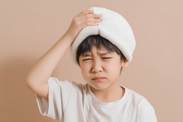 A young Asian boy with a cold compress on his forehead, experiencing discomfort and pain due to fever and illness. He looks unwell with a painful expression.