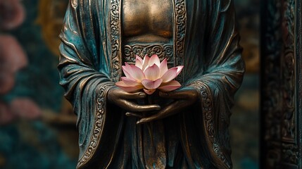 Fototapeta premium Serene Bronze Buddha Statue Holding Pink Lotus Flower Peaceful Meditation Spiritual Tranquility Ancient Asian Art Sculpture Religious Symbolism Divine Elegance Detailed 