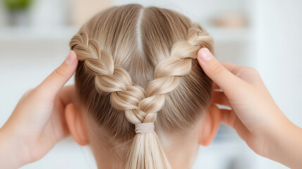 Naklejka premium Blonde hair styled into a braided half-updo held by a hand. Braids meet in the back of the head and are tied into a small ponytail, showcasing a neat and elegant hairstyle.