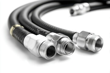 Automotive hydraulic hose with connectors on white background