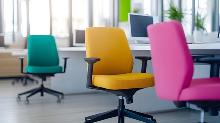 Modern office setting with vibrant, ergonomic chairs for productivity and comfort