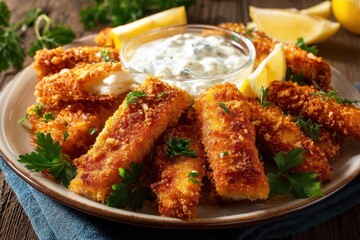 Fototapeta premium Crunchy fish strips with tartar sauce on a plate