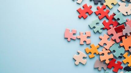 Obraz premium Colorful puzzle pieces scattered on a soft blue background