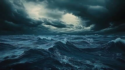 Stormy ocean under dark ominous clouds with turbulent waves.