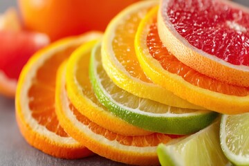 A vibrant close-up of citrus fruit slices, showcasing a rainbow of colors and textures, including oranges, lemons, limes, and grapefruits, a refreshing and healthy assortment.