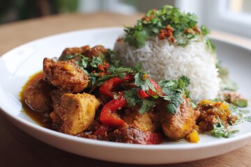 Fototapeta premium Curry chicken served with mango sauce and fragrant rice