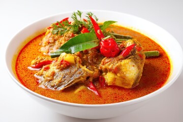 Fototapeta premium curry with fish head Singapore dish on white backdrop