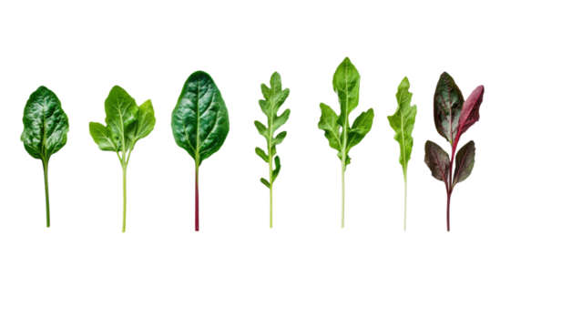 Assortment of Fresh Green and Red Leafy Greens, Isolated on Transparent Background