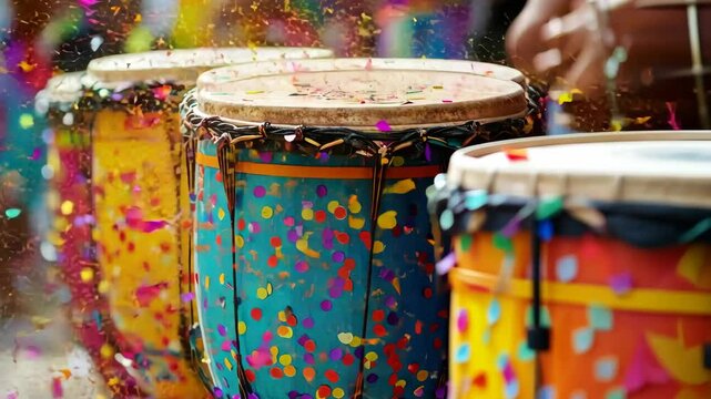 Vibrant drumming celebration with colorful confetti explosion
