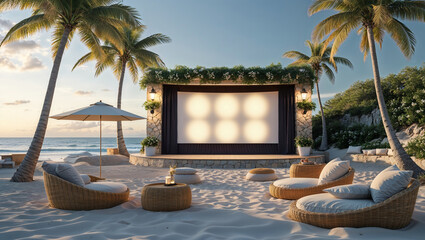 Luxurious outdoor beach cinema experience with comfortable seating and scenic tropical views