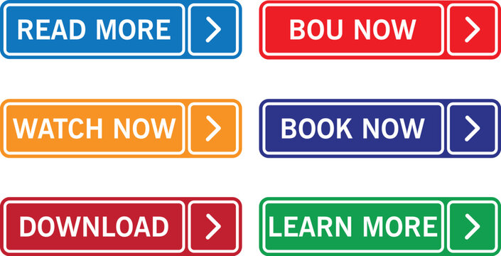 Flat design call-to-action button set featuring vibrant gradient transitions, including "Read More" and others, ideal for modern web interfaces in digital media.

