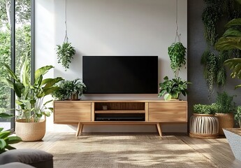 A living room with a flat-screen TV, wooden stand, green plants, woven basket, wicker chairs, and sunlight.
