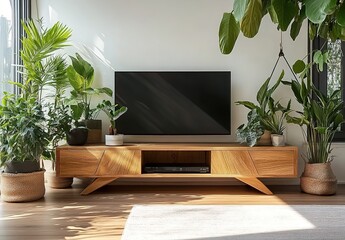 A living room with a flat-screen TV, wooden stand, green plants, woven basket, wicker chairs, and sunlight.