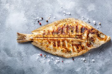 Flounder on grill Gray backdrop overhead shot text area