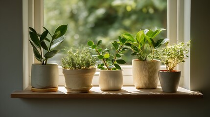 Fototapeta premium Lush Indoor Plants on a Window Sill Brightening a Sunlit Room with Natural Greenery and Tranquil Ambiance