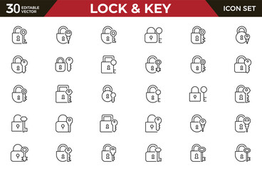 Lock and Key outline Icon Set. Outline Signs for Graphic and Web Design, Apps, Adverts, Various Cards.vector illustration.