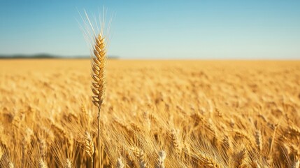 Naklejka premium Golden wheat field under clear blue sky with distant hills