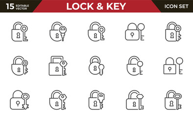 Lock and Key outline Icon Set. Outline Signs for Graphic and Web Design, Apps, Adverts, Various Cards.vector illustration.