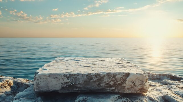 Weathered stone podium on a calm ocean shore kissed by the sun with free text space