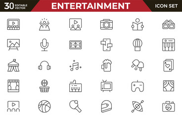 Entertainment and leisure thin black line icons set. Outline cinema and theatre symbols, museum and TV, masks of theatre and popcorn for movies, . vector illustration