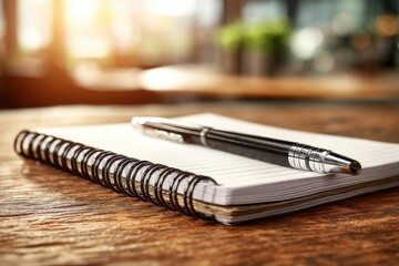 Close-up of a pen resting on a spiral notebook on a wooden table, warm light illuminates the scene creating a cozy and inviting workspace ambiance.