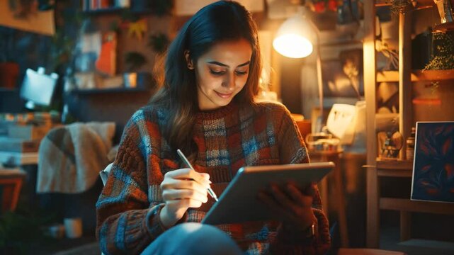 A woman is sitting in a room with a tablet in her lap. She is looking at the screen intently. The room is filled with various potted plants and artwork, giving it a creative and artistic atmosphere