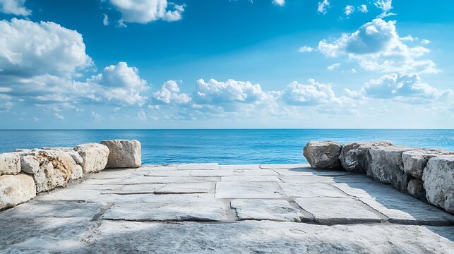 Natural seaside stone stage in perfect harmony with blue skies and free space for products
