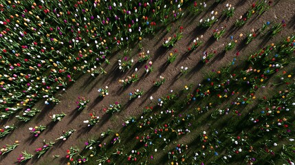 Colorful Spring Tulip Field Aerial View with Vibrant Floral Patterns and Shadows on Earth Below