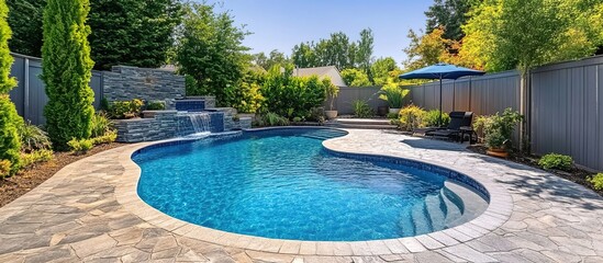 A clear blue pool with stone edges, waterfall, lounge chairs, umbrella, and dark fence.