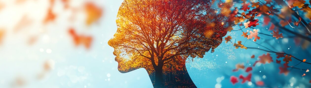 female puzzle piece head merged with abstract brain and vibrant tree
