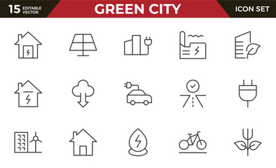 Green city Line icon set. Sustainable development. Contains such icons as renewable energy, autonomous building, air and water quality.