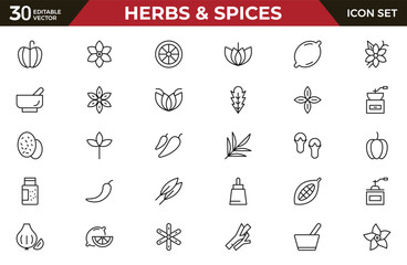 Herbs and Spices outline icon set. Fresh Produce, Dairy, Snacks, Meats, Condiments, Beverages, Baby Food, Household Items – Vector Icons for E-commerce, Food Delivery and Grocery Apps.