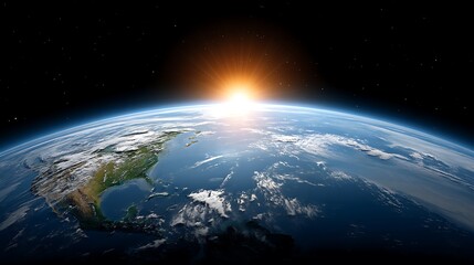 Fototapeta premium Stunning View of Earth from Space with Sunrise Over Horizon and Clear Blue Sky