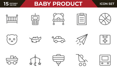 Baby Product and Game outline Icon Set. A charming collection of icons designed for parents and caregivers, perfect for websites, apps, and marketing materials focused on baby products 
