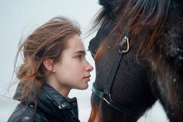 Young woman and horse looking at each other. The bond between people and animals. Caring and gentle attitude towards animals. Horse race, jockey