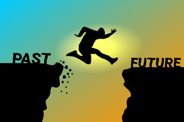 Silhouette of a Jumping person on Cliff from Past to Future vector illustration 