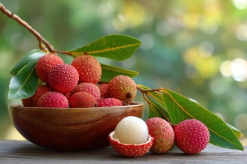Fresh lychee fruit peeled with green leaves in a wooden bowl set against a blurred garden backdrop