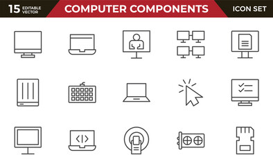 Computer components line icon set. Containing online, computer, network, website, server, web design, hardware, software and programming.