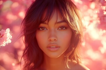 Fototapeta premium Spring mood, golden hour in sunset. Gorgeous mixed-race young woman surrounded by cherry blossoms. Commercial marketing conceptual art. Spring commercial photo shoot with woman and flowers.