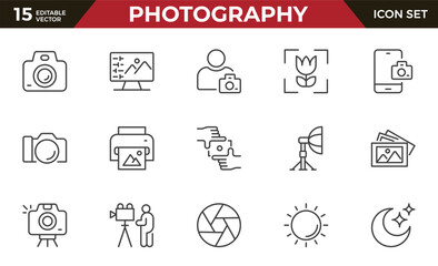 Photography, camera and photo outline icon set. Outline vector icon in linear style. Conceptual pictogram collection.