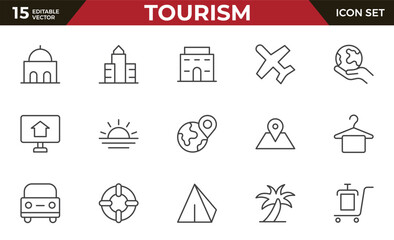 Tourism outline icon set. Airplane, trip, beach, passport, summer vacations, luggage, camping, hotel. Collection of traveling and tourism elements. Vector illustration.