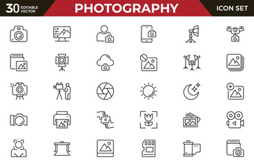 Photography, camera and photo outline icon set. Outline vector icon in linear style. Conceptual pictogram collection.